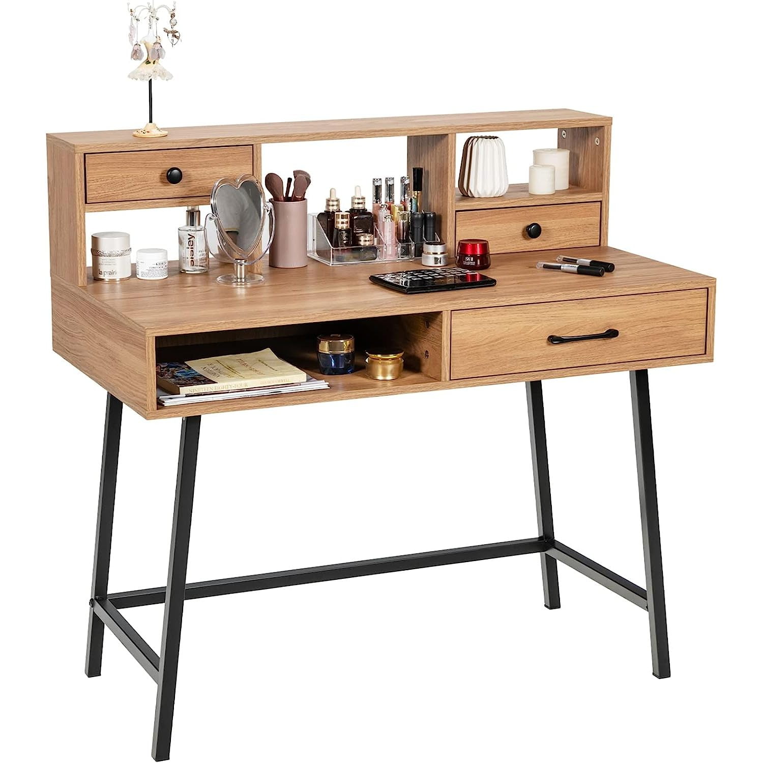 HElectQRIN 42'' Vanity Table with Large Drawer, 2 Small Drawers