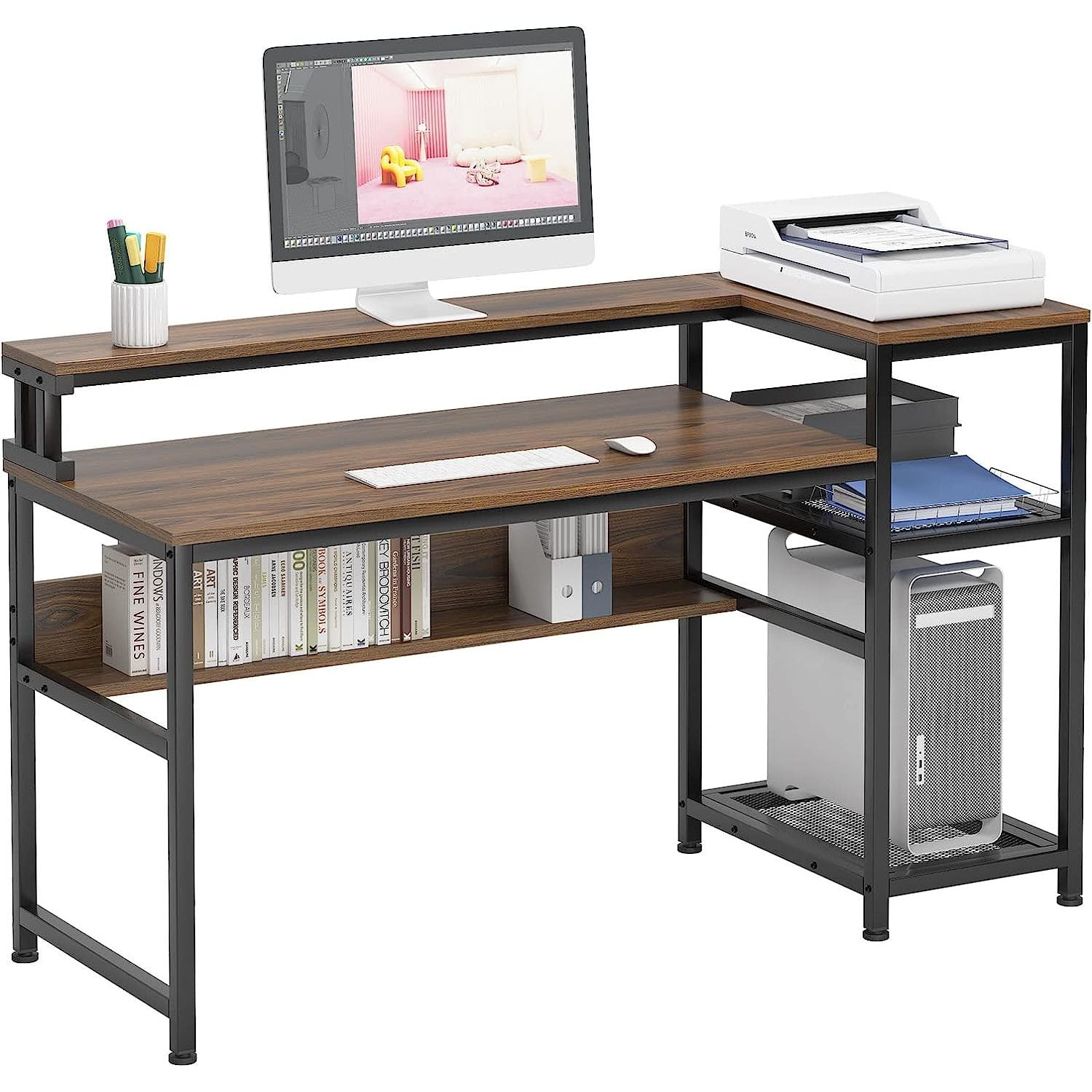HElectQRIN 62 Inch Computer Desk with Elevated Monitor Shelf, Home