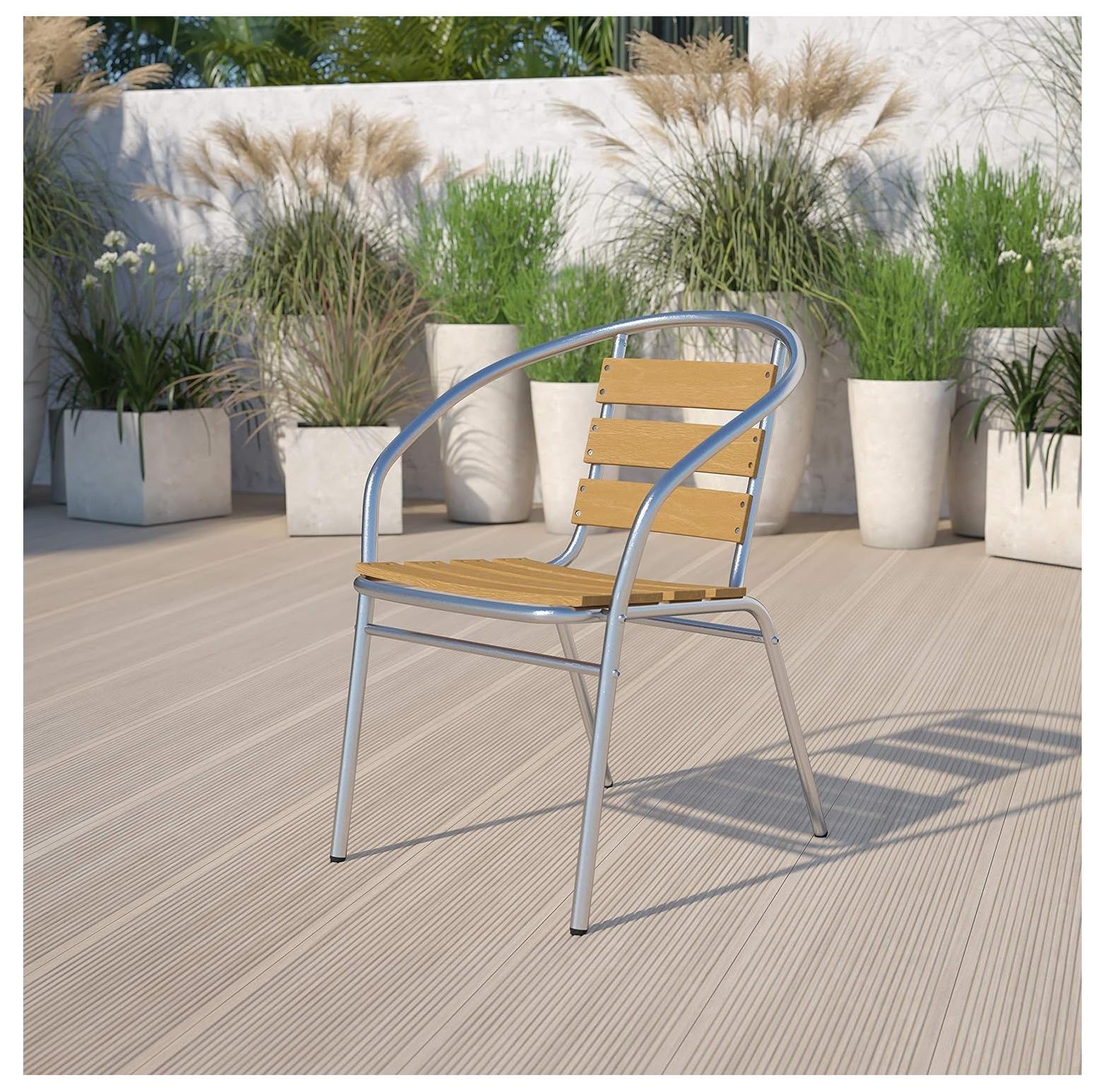 HElectQRIN Aluminum IndoorOutdoor Stack Chair w/Triple Slat Faux Teak