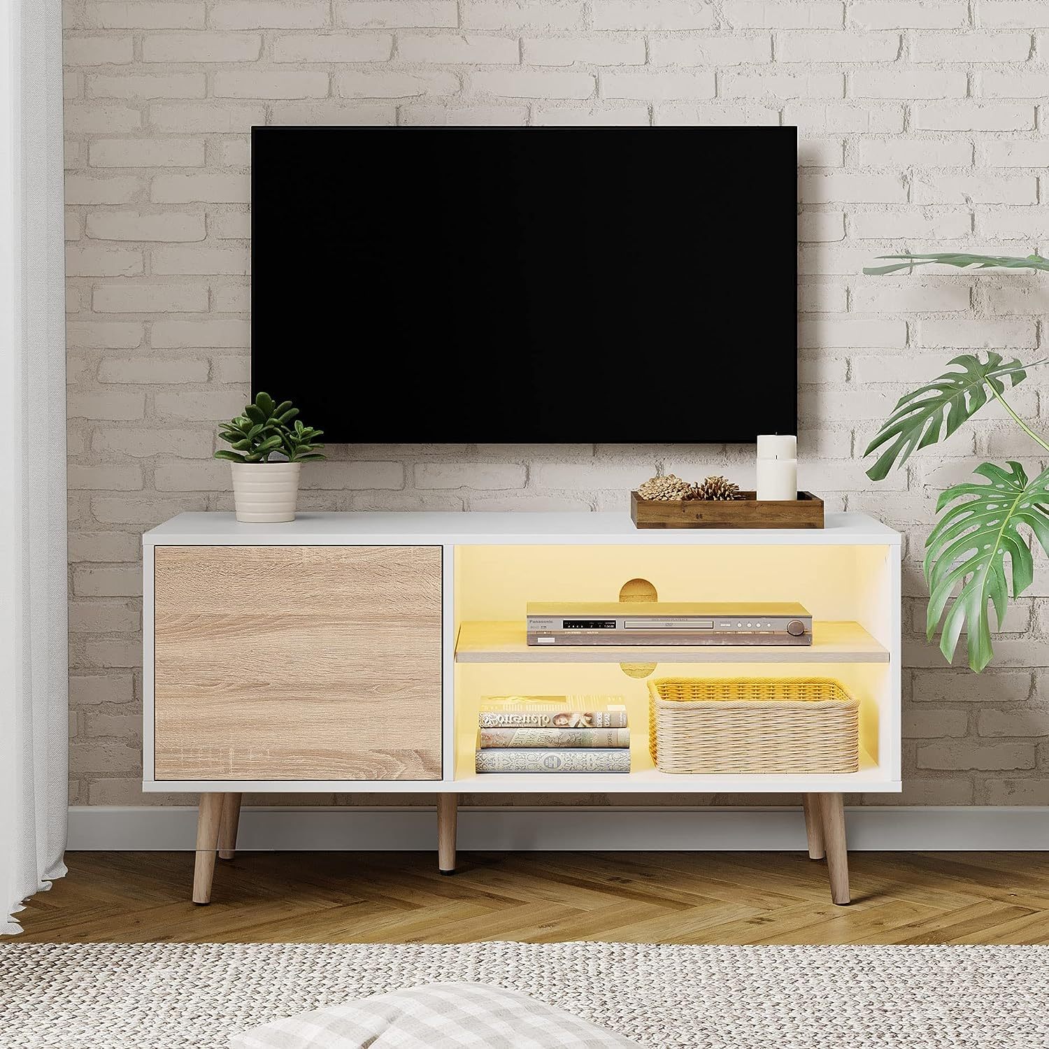 HElectQRIN LED Century Modern TV Stand for 50 inch Flat Screen, Wood