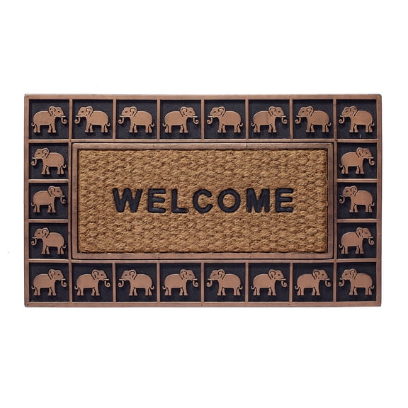 HF by LT Boho Market Rubber and Coir Flatweave Doormat, 18 x 30 inches, Durable, Sustainable, Antique Bronze Elephant Border Design, Brown, Black