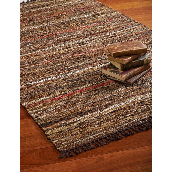 HF by LT Tucson Leather Rug, 44 x 72 inches, Handwoven Recycled Leather, Brown