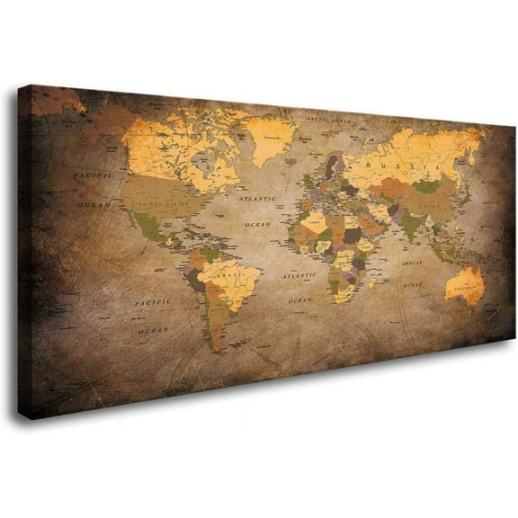 HFDF - 1 Piece Vtage World Map Canvas Wall Art- Ready to Hang - Home Office Decor Picture Prts for Livg Room Bedroom Abstract Patg Artworkes x1pcs 24x20inch Framed