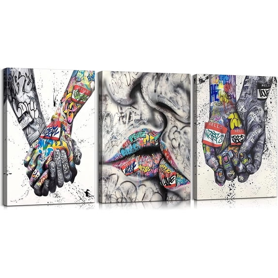 HFDF 3 Pieces Graffiti Wall Art Couples Kiss Poster Love Decor Holding Hands Wall Art Graffiti Poster Street Art Colorful Canvas Wall Art Pop Art Canvas for Couples Wall Decor (x3) 8x10inch Framed