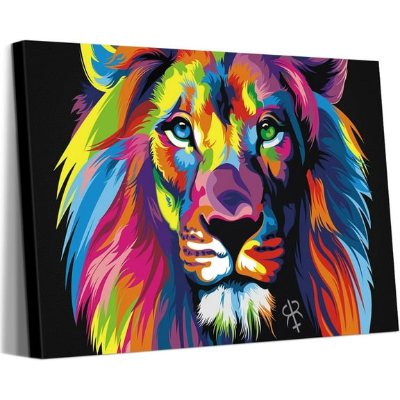HFDF Abstract Colorful Patg Lion Picture Canvas Prt Wall Art Modern Decor Design Animal Patgs Artwork for Office Dorm Home Livg Room Decor, es, Stretched and 16x12inch Framed