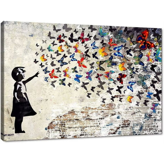 HFDF Abstract Creative Graffiti Street Canvas Wall Art Banksy Painting Artwork Wall Decor Graffiti butterfly Painting Colorful Artwork Pop Art Wall Decor Art for Living Room Bedroom 24x20inch Framed