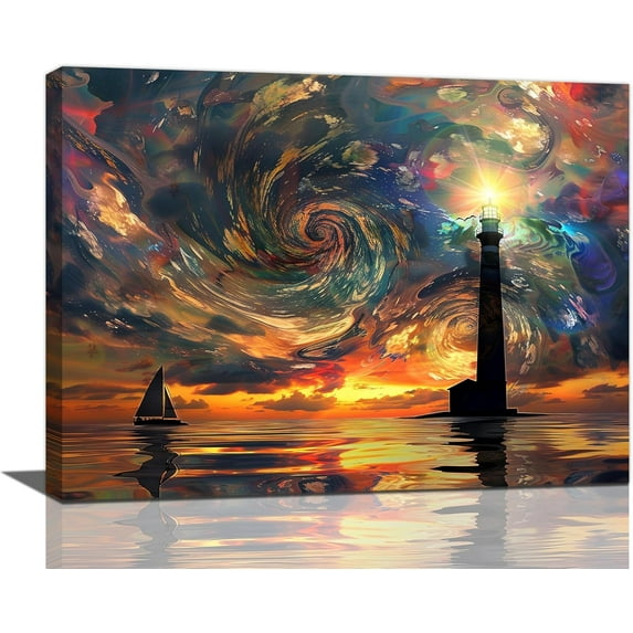 HFDF Abstract Lighthouse Wall Art Nautical Pictures Wall Decor Colorful Ocean Canvas Print Painting Artwork Coastal Home Decorations for Bathroom Bedroom Living Room Office 20x16inch Framed