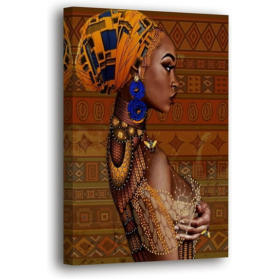 HFDF African Art Wall Decor Canvas, Black and Gold Decor, African American Black Women Wall Art Poster,Ancient African Art Decor Pictures for Livg Room Wall Decoration 16x20inch Framed