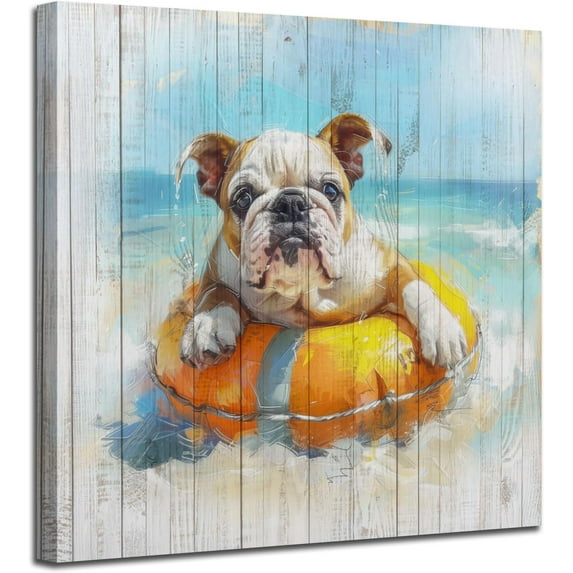 HFDF Animal Dog Canvas Wall Art Blue Ocean Cute Painting Woodgrain Coastal Teal Turquoise Picture Modern for Bathroom Living Room Bedroom Nursery Room Kitchen Wall Decor, One Panel 11x14inch Framed