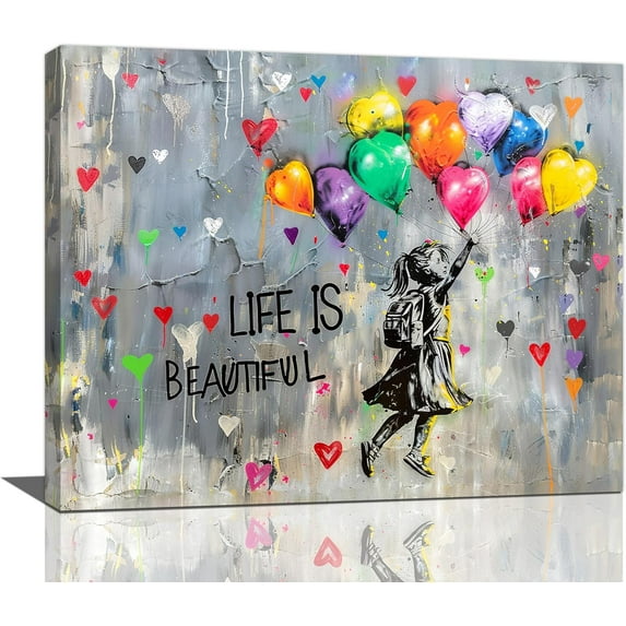 HFDF Banksy Girl Decor Wall Art Graffiti Pictures Canvas Wall Decor Pop Street Print Painting Artwork Abstract Modern Home Decorations for Bathroom Bedroom Living Room Office School 18x12inch Framed