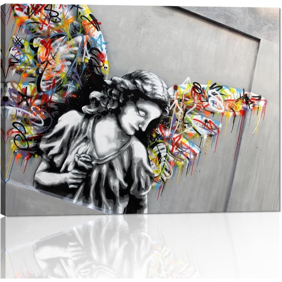 HFDF Banksy Graffiti Canvas Painting Picture Art Print Angel Graffiti Wings Wall Art Modern Pop Colorful Home Wall Decor for Living Room Bedroom Ready to Hang 14x11inch Framed