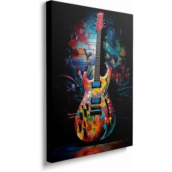 HFDF Banksy Graffiti Colorful Guitar Canvas Wall Art Cool Pop Music Rock Punk Decor Poster For Livg Room Bedroom Home Office Artwork Gift Ready To Hang 12x18inch Framed