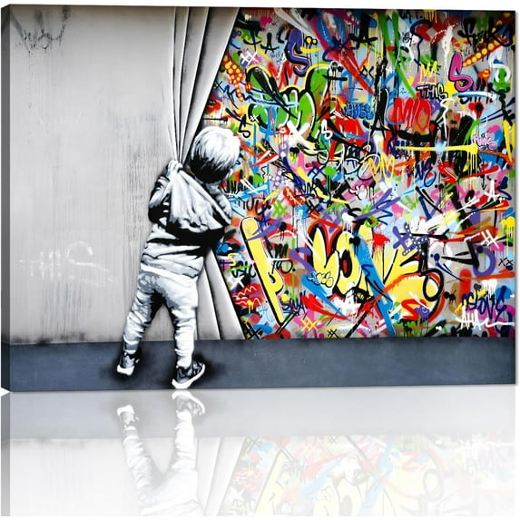 HFDF Banksy Street Art Child Colorful Graffiti Posters Printing Pop Artwork Behind The Curtain Graffiti Canvas Paintings Art Wall Decor for Living Room Modern Home Decor 18x12inch Framed