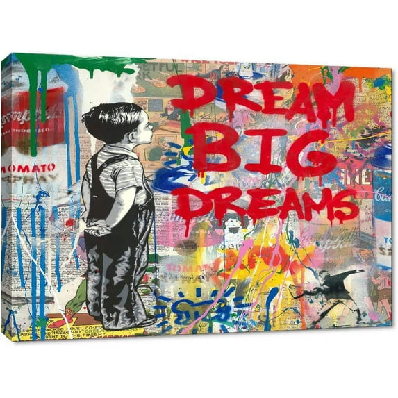 HFDF Banksy Wall Art Canvas, Dream Big Dreams Picture, Graffiti Poster and Print Modern Pop Street Graffiti Home Decorations Ready to Hang 18x12inch Framed