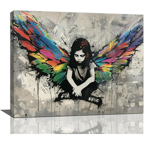 HFDF Banksy Wall Art Girl Wgs Pictures Street Graffiti Canvas Wall Decor Vtage Kids Aesthetic Patg Pop Home Modern Artwork Decorations for Livg Room Bedroom Bathroom Office 16x12inch Framed