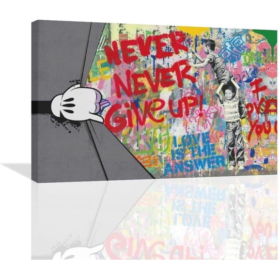 HFDF Banksy Wall Art Graffiti Street Canvas Boy Room Wall Decor Motivational Never Give Up Painting Print Art Decorspirational Pop Picture Artwork for Kids Boy Living Room Office 24x20inch Framed