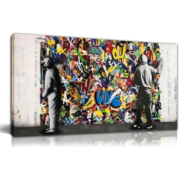 HFDF Banksy Wall Art for Livg Room, Graffiti Street Boy Canvas Picture Wall Decor for Bedroom, Large Modern Culture Picture Prt Patg, 14x11inch Framed