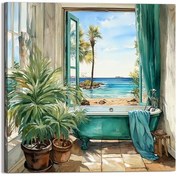 HFDF Bathroom Canvas Print Wall Art Decor Teal Bathtub Picture Sea \u0bView from The Window Artwork 24x16inch Framed