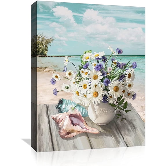 HFDF Bathroom Canvas Wall Art Flowers Theme Beach Modern Wall Decor Daisy Painting Pictures Artwork for Bedroom Watercolor Ocean Wall Décor, Teal and White, 8x10inch Framed
