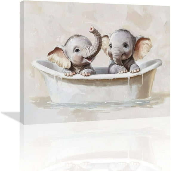 HFDF Bathroom Elephants Wall Art Rustic Elephant Baby Bathtub Pictures Wall Decor Bathroom Animals Canvas Prints Painting Artwork Decoration for Nursery Bedroom Toilet Restroom 16x12inch Framed
