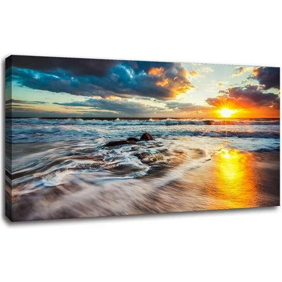 HFDF -Beach Decor Ocean Canvas Wall Art Bedroom Sunset Seascape Pictures Sunrise Patg Poster Sea Waves Prt scenery Wall Decoration Ocean Artwork for Wall Art livg Room Décor 16x12inch Framed