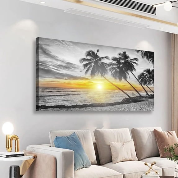 HFDF Beach Wall Art Bedroom Wall Decor Living Room,Ocean Canvas Wall Art Office Farmhouse Paintings Artwork Modern Golden Sunshine Black and White Sea Wall Art Prints Pictures 20x16inch Framed