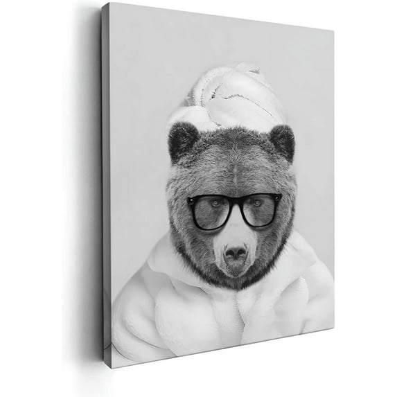HFDF Bear Portrait Wall Art Funny Black and White Bear Picture Farmhouse Bathroom Toilet Artwork - 8x10inch Framed