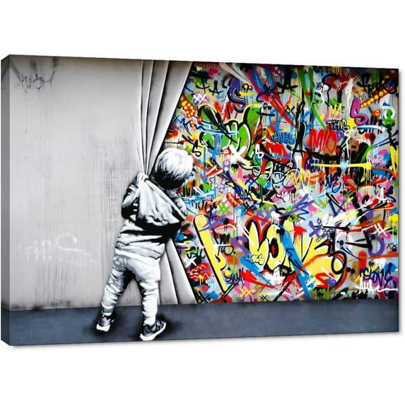 HFDF Behind The Curtain Canvas Prints Banksy Graffiti Wall Art Paintings Pop Art Colorful Posters Stretched Pictures for Living Room Modern Home Decor Ready to Hang 24x20inch Framed