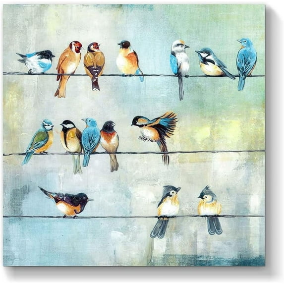HFDF Bird Canvas Wall Art - Colorful Birds on Wires Patg Pictures Decor for Livg Room Bathroom kids Bedroom 10x8inch Framed