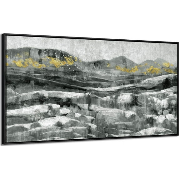 HFDF Black Wall Art for Living Room Abstract Mountain & Sea Nature Landscape White Ocean Waves Picture Minimalist Textured Seascape Painting Coastal Canvas Print Neutral Artwork 24x20inch Framed
