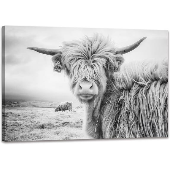 HFDF Black and White Cow Bull Yak Canvas Picture Wall Decor Farmhouse Baby Highland Cow Decor Bathroom Picture Wall Art for Home Office 10x8inch Framed