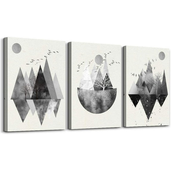 HFDF Black and white Abstract canvas Wall Art for living room Canvas Prints Artwork Wall Decor Abstract Mountain geometric Watercolor painting 3 Pieces wall decorations Home Decor 12x18inch Framed