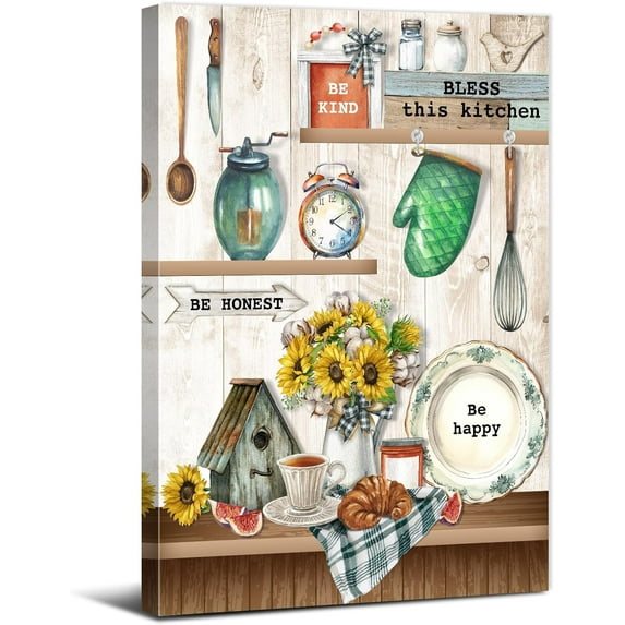 HFDF Bless This Kitchen Wall Decorspirational Quotes Dining Room Wall Art Rustic Farmhouse Canvas Prints Pictures Retro Sunflower Kitchenware Painting Blessed Family Artwork 11x14inch Framed