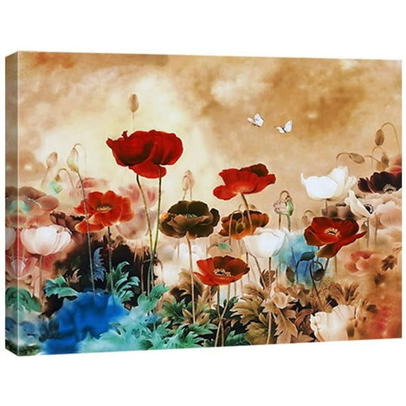 HFDF Blooming Poppies Extra Large Contemporary Colorful Flowers Pictures Paintings on Canvas Wall Art Modern Gallery Wrapped Floral Giclee Canvas Prints for Home Decorations XL 14x11inch Framed
