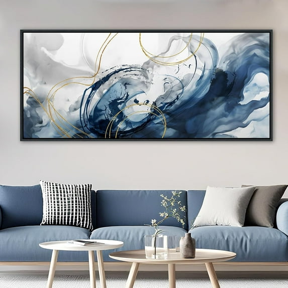 HFDF Blue Abstract Wall Art Large Canvas Wall Decor Modern Home Decor Office Wall Decor Home Decorations for Living Room Navy Blue Minimalist Bedroom Artwork 18x12inch Framed