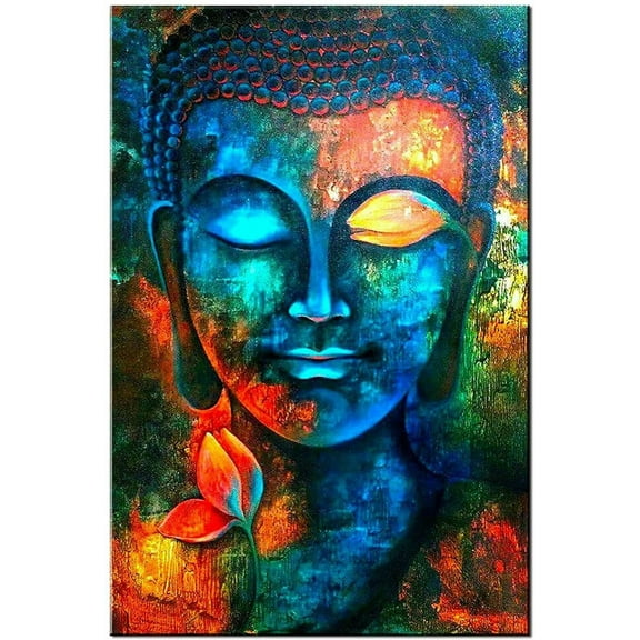 HFDF Blue Buddha Wall Art Zen Wall Decor for Living Room Colorful Abstract Buddha Pictures Canvas Prints Lotus Flower Painting Religious Poster Artwork Meditation Room Yoga 8x10inch Framed