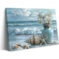 thumbnail image 1 of HFDF Blue Ocean Beach Bathroom Canvas Wall Art Starfish with White Flower Coastal Picture Wall Decor Seascape Poster Seaside Seashell Painting Print Artwork for Living Room Restroom, 16x12inch Framed, 1 of 6