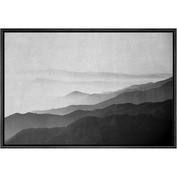HFDF Canvas Print Wall Art Black Gray Watercolor Foggy Mountains Abstract Nature Illustrations Modern Art Decorative Elements Duotone for Living Room, Bedroom, Office - Black 14x11inch Framed