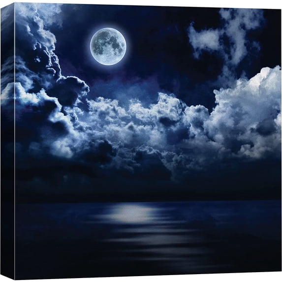 HFDF Canvas Print Wall Art Blue Majestic Moon Over The Ocean Astronomy & Space Sky Digital Art Modern Art Global Scenic Colorful Multicolor for Living Room, Bedroom, Office 10x8inch Framed