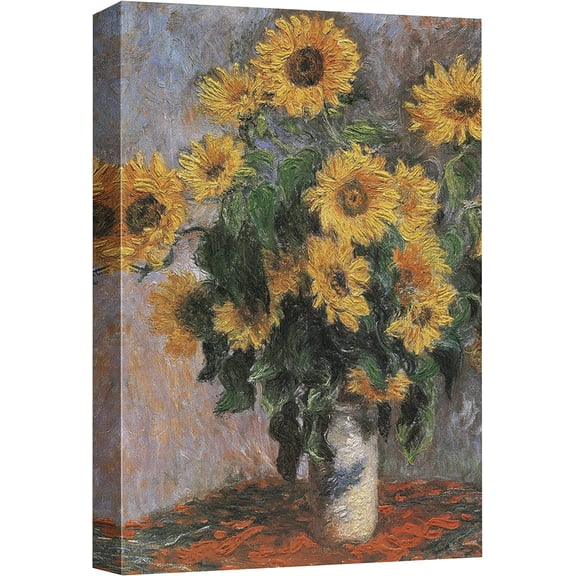 HFDF Canvas Print Wall Art Bouquet of Sunflowers, 1881 Claude Monet Classical Illustrations Fine Art Decorative Vintage Watercolors Pastel Multicolor Zen for Living Room, Bedroom, 16x24inch Framed