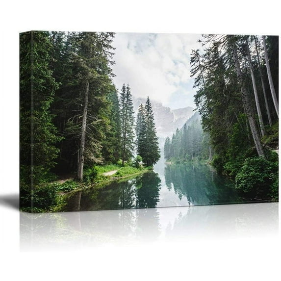 HFDF Canvas Print Wall Art Fall Green Forest with Lake Reflection Nature Wilderness Photography Modern Art Rustic Scenic Colorful Multicolor for Living Room, Bedroom, Office 24x20inch Framed