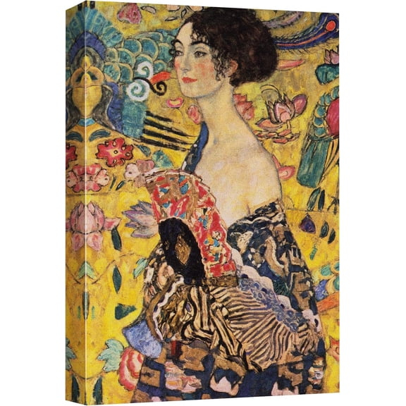 HFDF Canvas Print Wall Art Lady with Fan by Gustav Klimt Classical Cultural Illustrations Fine Art Traditional Portrait People Multicolor for Living Room, Bedroom, Office 16x24inch Framed