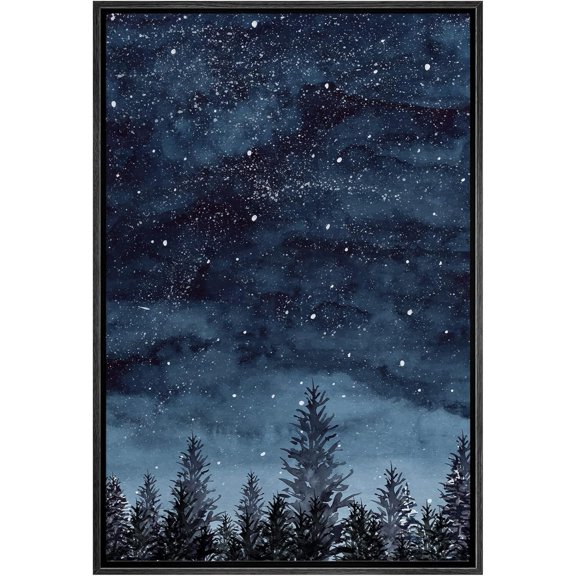 HFDF Canvas Print Wall Art Watercolor Starry Sky Over Night Forest Wilderness Nature Illustrations Modern Chic Relax/Calm Multicolor for Living Room, Bedroom, Office - Black 16x20inch Framed