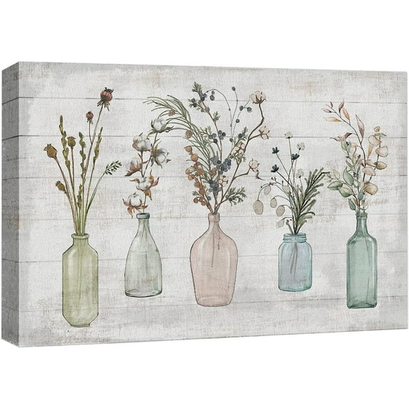 HFDF Canvas Print Wall Art Wood Panel Flowers in Glass Vases Nature Wilderness Illustrations Modern Art Botanical Floral Farmhouse/Country Relax/Calm/Cozy for Bedroom 14x11inch Framed