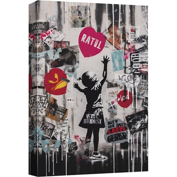 HFDF Canvas Prt Wall Art Banksy Girl Heart Street Art Graffiti & Street Art Urban Architecture Cityscape Grunge Dark Illustrations Modern Art Decorative Abstract Geometric for - 8x10inch Framed