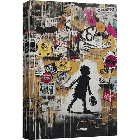 HFDF Canvas Prt Wall Art Banksy Style Little Kid Graffiti & Street Art Urban Architecture Cityscape Grunge Dark Illustrations Modern Art Decorative Abstract Geometric for Bedroom - 12x16inch Framed