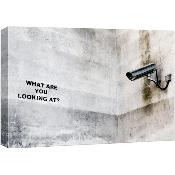 HFDF Canvas Prt Wall Art Banksy Surveillance Camera on Wall Graffiti & Street Art Pop Culture Illustrations Pop Art Bohemian Multicolor Dark for Livg Room, Bedroom, Office - 24x16inch Framed
