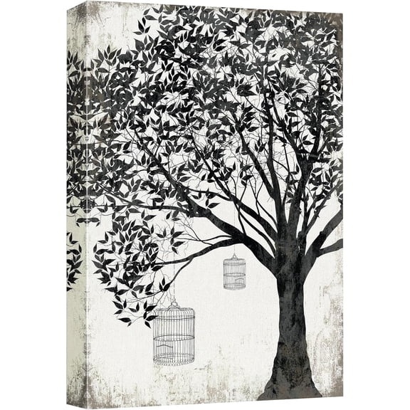 HFDF Canvas Prt Wall Art Black & White Tree with Hangg Birdcages Floral Nature Illustrations Modern Art Rustic Dramatic for Livg Room, Bedroom, Office - 8x10inch Unframed