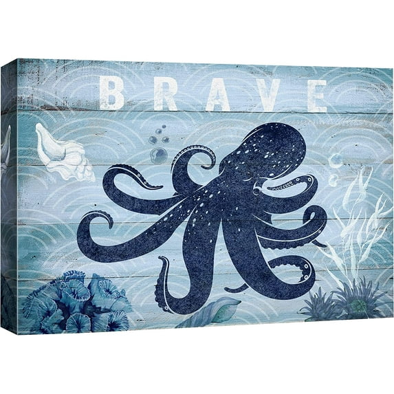 HFDF Canvas Prt Wall Art Brave Octopus Prt with Seashell Amphibians Ocean Illustrations Modern Art Nautical Colorful Blue Ultra for Livg Room, Bedroom, Office - 14x11inch Framed