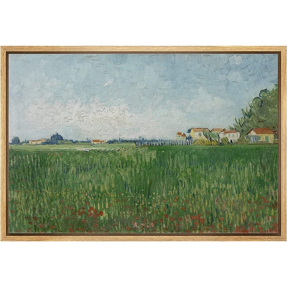 HFDF Canvas Prt Wall Art Pastel Green Farmland Ranch Village Nature Wilderness Illustrations Fe Art Farmhouse/Country Decorative Rustic for Livg Room, Bedroom, Office - Natural 16x12inch Framed